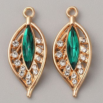 KC Gold Plated Alloy Pendants, with Acrylic and Crystal Rhinestone, Leaf Charm, Dark Green, 31x13x4mm, Hole: 2mm