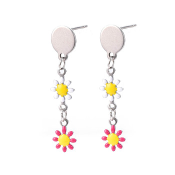 Flower Enamel Long Dangle Stud Earrings, Stainless Steel Color Plated 304 Stainless Steel Jewelry for Women, Deep Pink, 36x8mm, Pin: 0.8mm