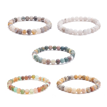 6.5mm Frosted Round Natural Mixed Stone Beads Stretch Bracelet for Girl Women, Inner Diameter: 2-1/8 inch(5.4cm), Beads: 6.5mm