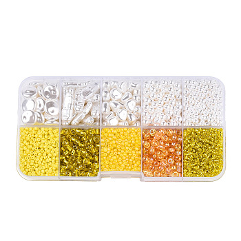 DIY 10 Style ABS & Acrylic Beads Jewelry Making Finding Kit, Heart & Barrel & Round & Flat Round & Imitation Pearl, Gold, 7~18.5x7.5x2~10.5x1.5~5mm, Hole: 0.7~1.2mm