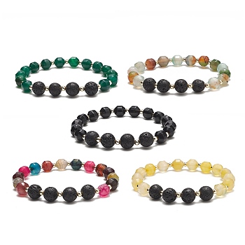 Natural Lava Rock & Dyed Agate Beaded Stretch Bracelet Sets, Electroplate Non-magnetic Synthetic Hematite Jewelry for Women, Mixed Color, Inner Diameter: 2-7/8 inch(7.2cm), 5pcs/set