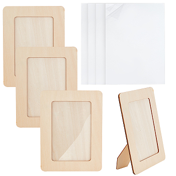 4Pcs Unfinished Natural Wood Photo Frames, Table Top Picture Frames, for Arts and Crafts DIY Painting Projects, with 4Pcs Custom Transparent PVC Picture Frame Hard Sheets, Rectangle, 225x170x7mm, Inner Diameter: 155x103mm, Sheets: 115x160x0.3mm