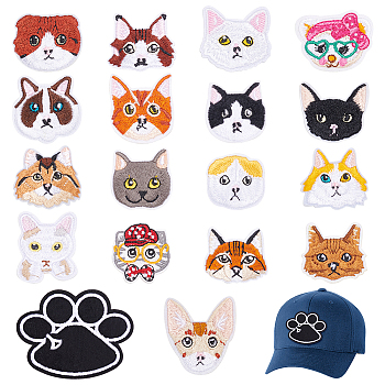 36Pcs 18 Styles Computerized Embroidery Cloth Iron on/Sew on Patches, Costume Accessories, Appliques, Cat & Paw Print, Mixed Color, 3.1~5.65x3.5~7.25x0.1cm, 2pcs/style