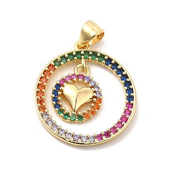 Brass Micro Pave Cubic Zirconia Pendants, Round Ring & Heart Charm, Golden, Colorful, 22.5x20.5x1.5mm, Hole: 4x3.5mm