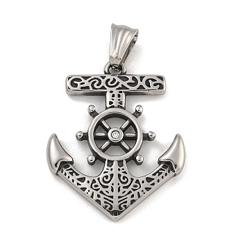 304 Stainless Steel Pendants, with Crystal Rhinestone, Anchor with Helm Charm, Antique Silver, 38x31x4mm, Hole: 9x5mm