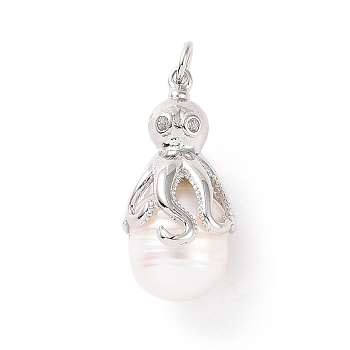 Shell Pearl Pendants, with Brass Pave Clear Cubic Zirconia Findings, Cadmium Free & Lead Free, Long-Lasting Plated, Oval with Octopus Charm, Platinum, 22~32x11x13mm, Hole: 3mm