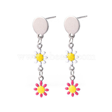 Deep Pink Flower 304 Stainless Steel Stud Earrings