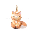 Animal Theme Brass Enamel Pendants, with Jump Ring, Golden, Orange Fox Charm , 15x14x8mm, Hole: 4mm(KK-CBAE20A-02B-G)