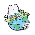 White Cat with Earth Enamel Pins, Alloy Crystal Rhinestone Lapel Pins for Backpack Clothes, Sky Blue, 29x28mm(JEWB-L024-02EB-03)