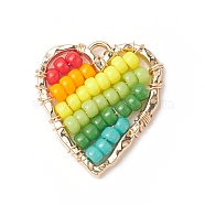 Glass Seed Beaded Pendants, with Golden Alloy Finding, Heart Charms, Colorful, 22.5x21x4mm, Hole: 1.6mm(PALLOY-TA00019)