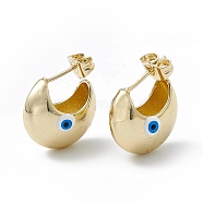 Enamel Crescent Moon with Evil Eye Stud Earrings, Real 18K Gold Plated Brass Half Hoop Earrings for Women, White, 16.5x18mm, Pin: 1mm(EJEW-A093-01G-09)