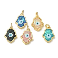 Rack Plating Brass Pendants, with Resin Imitation Opal & Glitter, Long-Lasting Plated, Lead Free & Cadmium Free,Hamsa Hand with Evil Eye, Mixed Color, 19.5x14.5x5mm, Hole: 3mm(KK-Q009-05G-01)