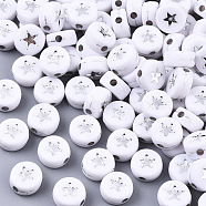 Opaque Acrylic Beads, Flat Round with Star, White, Silver Plated, 7x4mm, Hole: 1.5mm, about 3600pcs/500g(PACR-N006-006A-01B)