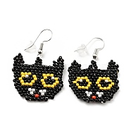 Glass Seed Braided Cat Dangle Earrings, Alloy Wire Wrap Halloween Earrings for Women, Yellow, 41mm, Pin: 0.6mm(EJEW-B012-11)