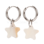 304 Stainless Steel Huggie Hoop Earrings, with Natural Shell, Star, Seashell Color, Stainless Steel Color, 25mm, Pin: 1mm(EJEW-JE04403-02)