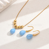 Real 18K Gold Plated Fashionable Imitation Pearls Teardrop Necklace & Earrings Set, Stainless Steel Jewelry Set for Women, Light Sky Blue(BR9717)