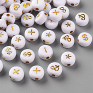 Plating White Acrylic Beads, Flat Round with English Character, Golden Plated, 7x3.5mm, Hole: 1.5mm, about 4540pcs/500g.(MACR-Q241-B001)