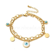 Ion Plating(IP) 304 Stainless Steel Chain Multi-strand Bracelet, Shell Evil Eye and Synthetic Turquoise Charm Bracelet for Women, Golden, 7-1/8 inch(18cm)(BJEW-P272-01G)