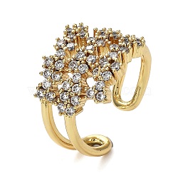 Rack Plating Brass Micro Pave Cubic Zirconia Open Cuff Rings, Flower, Lead Free & Cadmium Free, Long-Lasting Plated, Real 18K Gold Plated, Inner Diameter: 18mm(RJEW-Q777-13G)