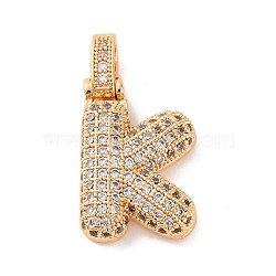 Brass Micro Pave Cubic Zirconia Pendants, Real 18K Gold Plated, Clear, Letter K, 18.5~24x12.5~25.5x5~5.5mm, Hole: 5x3mm(KK-C076-29K-G01)