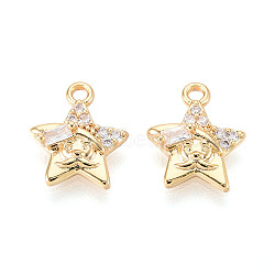 Brass Micro Pave Cubic Zirconia Charms, Star, Long-Lasting Plated, Nickel Free, Real 18K Gold Plated, Clear, 12.5x10.5x4mm, Hole: 1.4mm(KK-N263-143A-G)