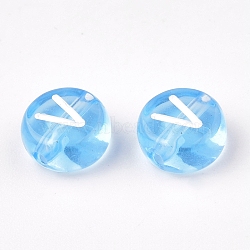 Transparent Acrylic Beads, Flat Round with White Mixed Letters, Cornflower Blue, 7x4mm, Hole: 1.5mm, about 1480pcs/200g(TACR-SZ0001-01C)