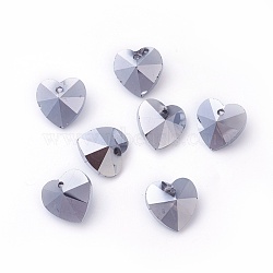 Romantic Valentines Ideas Glass Charms, Faceted Heart Pendants, Silver, 14x14x8mm, Hole: 1mm(G030V14mm-31)