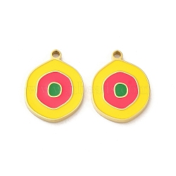 304 Stainless Steel Pendants,  with Enamel, Flat Round Charm, Real 14K Gold Plated, Yellow, 17x13x1.4mm, Hole: 1.4mm(STAS-L025-008G-02)