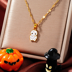 Stainless Steel Enamel Halloween Mummy Pendant Dapped Chain Necklaces, Golden, White, 15.75 inch(40cm)(EI8911)