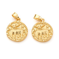 Brass Pendants, Textured, Flat Round with Constellation/Zodiac Sign, Real 18K Gold Plated, Taurus, 16.5x14x2mm, Hole: 5x2.5mm(KK-I672-33B)