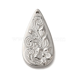 304 Stainless Steel Pendants, Teardrop Charms with Flower, Stainless Steel Color, 30x16x3mm, Hole: 1.5mm(STAS-R223-25)