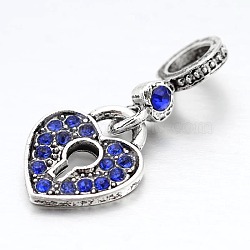 Large Hole Heart Lock Alloy Rhinestone European Dangle Charms, Antique Silver, Sapphire, 25mm, Hole: 5mm(MPDL-L010-04I)