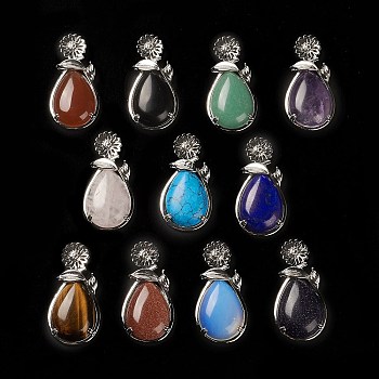 Natural & Synthetic Mixed Gemstone Pendants, with Brass Findings, Flower with Teardrop, 56x28x8mm, Hole: 5x2.5mm