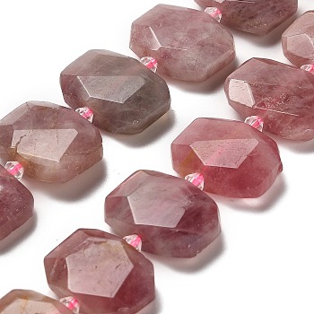 Natural Rose Quartz Beads Strands, with Glass Beads, Faceted, Rectangle, 20.5~22.5x15.5~16.5x6.5~7.5mm, Hole: 1.6mm, about 21pcs/strand, 15.12~15.28''(38.4~38.8cm)