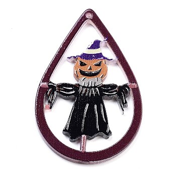 Halloween Printed Acrylic Big Pendants, Teardrop Charms, Pumpkin, 52.5x39.5x2mm, Hole: 1mm