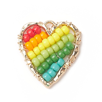 Glass Seed Beaded Pendants, with Golden Alloy Finding, Heart Charms, Colorful, 22.5x21x4mm, Hole: 1.6mm