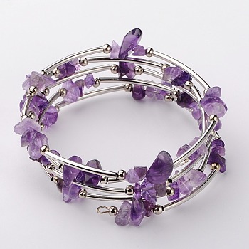 Natural Amethyst Chip Warp Bracelets, Steel Bracelet Memory Wire with Brass Tube Beads and Iron Round Beads, Platinum, Amethyst, 53mm