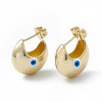 Enamel Crescent Moon with Evil Eye Stud Earrings, Real 18K Gold Plated Brass Half Hoop Earrings for Women, White, 16.5x18mm, Pin: 1mm