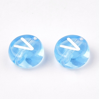 Transparent Acrylic Beads, Flat Round with White Mixed Letters, Cornflower Blue, 7x4mm, Hole: 1.5mm, about 1480pcs/200g