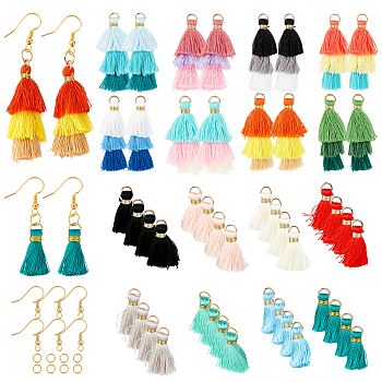 SUNNYCLUE 224Pcs 18 Style 4 Sizes Nylon Tassel Pendant Decoration, with Golden Brass Findings and Iron Jump Rings, Mixed Color, 23~27x5mm, Hole: 4mm