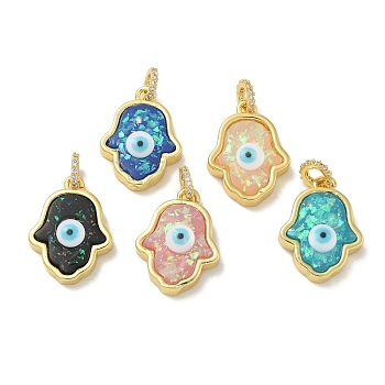 Rack Plating Brass Pendants, with Resin Imitation Opal & Glitter, Long-Lasting Plated, Lead Free & Cadmium Free,Hamsa Hand with Evil Eye, Mixed Color, 19.5x14.5x5mm, Hole: 3mm