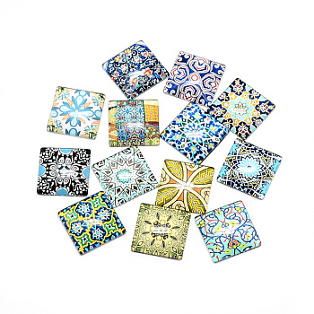 Printed Glass Flat Back Cabochons, Square, Geometric Flower Theme, Mixed Color, 25x25x6.5mm
