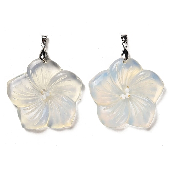 Opalite Pendants, Flower Charms, with Platinum Plated Iron Snap on Bails, 46x47.5x7.5mm, Hole: 6x4mm
