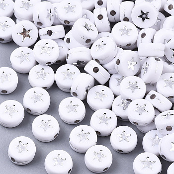 Opaque Acrylic Beads, Flat Round with Star, White, Silver Plated, 7x4mm, Hole: 1.5mm, about 3600pcs/500g