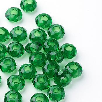 Glass European Beads, Large Hole Beads, No Metal Core, Rondelle, Dark Green, 14x8mm, Hole: 5mm