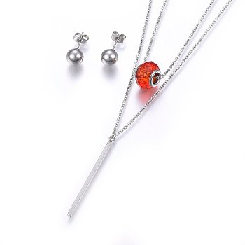 304 Stainless Steel Jewelry Sets, Tiered Necklaces and Stud Earrings, with Glass Bead, Rondelle, Bar, Stainless Steel Color, 16.93 inch(43cm), 19x8mm, Pin: 0.8mm