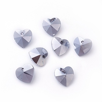 Romantic Valentines Ideas Glass Charms, Faceted Heart Pendants, Silver, 14x14x8mm, Hole: 1mm