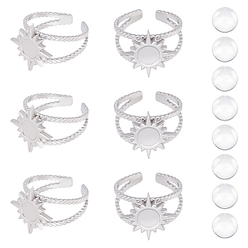 DIY Sun Finger Ring Making Kits, Including 304 Stainless Steel Open Cuff Finger Ring Enamel Settings, Glass Cabochons, Stainless Steel Color, 20Pcs/box