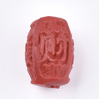 Cinnabar Beads, Carved Lacquerware, Barrel with Chinese Characters, Red, 16x12x11mm, Hole: 1.6mm