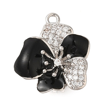 Brass Micro Pave Clear Cubic Zirconia with Black Enamel Fold Over Clasps, Flower, Platinum, 16.5x14.5x9.5mm, Hole: 1.2mm